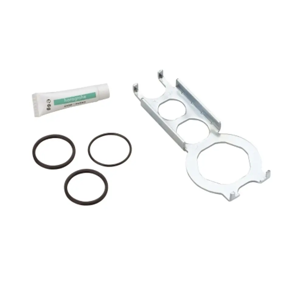 Dichtungsset von Hansgrohe mit einer Halterung und drei O-Ringen sowie einer Tube Dichtmittel, geeignet für Installationen.
